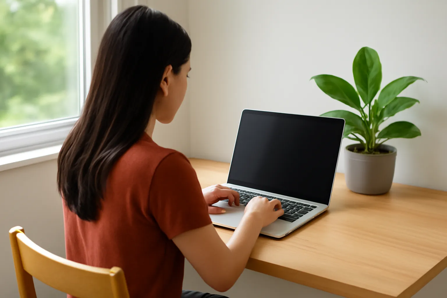 Người phụ nữ ngồi bàn gỗ cạnh cửa sổ gõ laptop, chậu cây xanh bên cạnh
