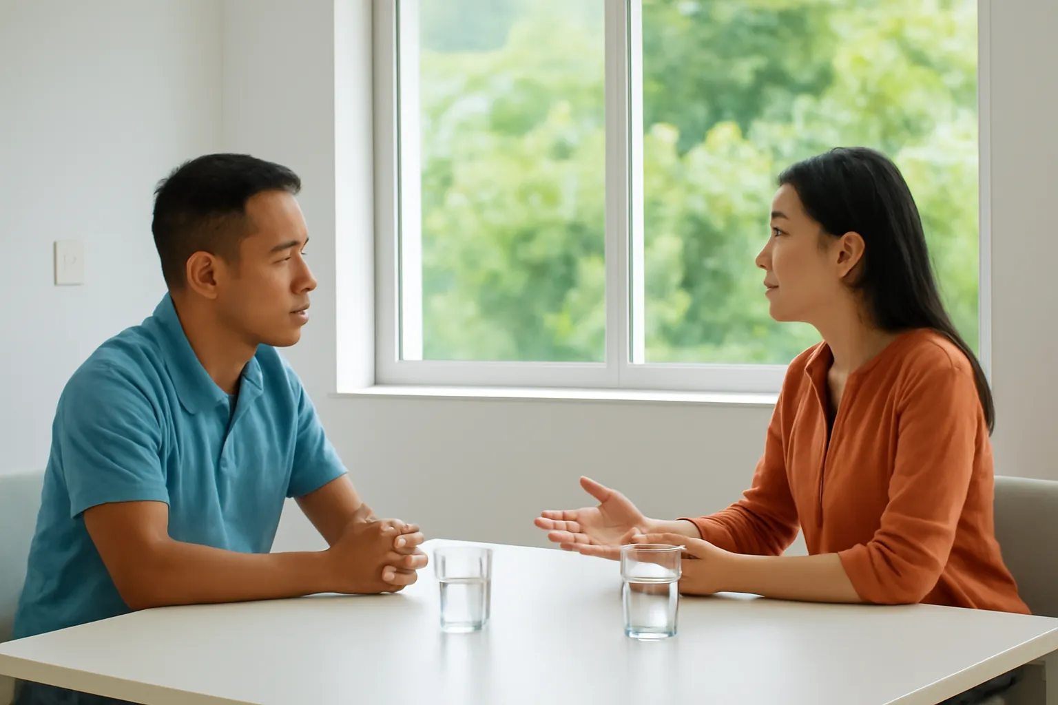 Hai người ngồi đối diện trao đổi bình tĩnh trong phòng họp sáng sủa