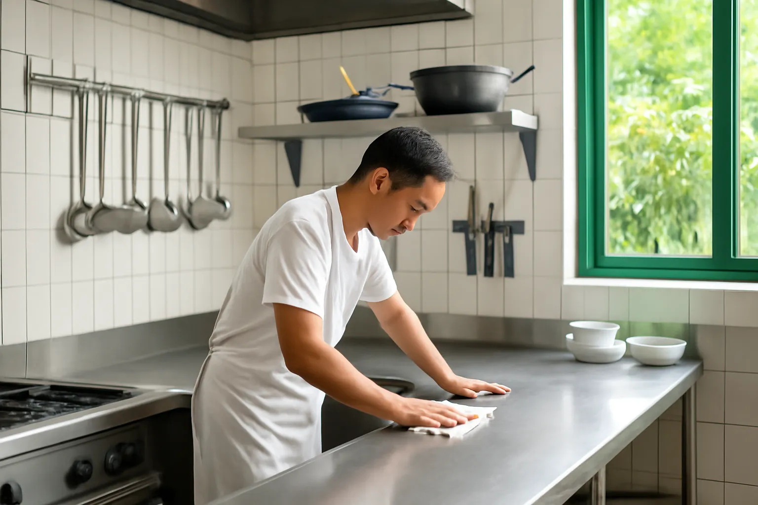 Bếp nhà hàng nhỏ sạch sẽ, đầu bếp đang lau mặt bàn inox sáng bóng