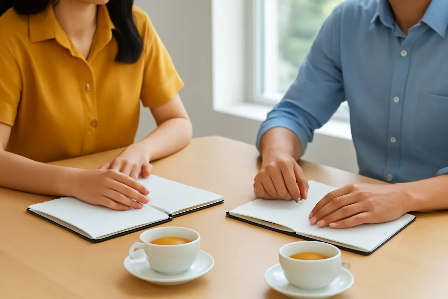 Hai đồng sáng lập ngồi đối diện bên bàn họp với cốc trà và sổ tay trắng
